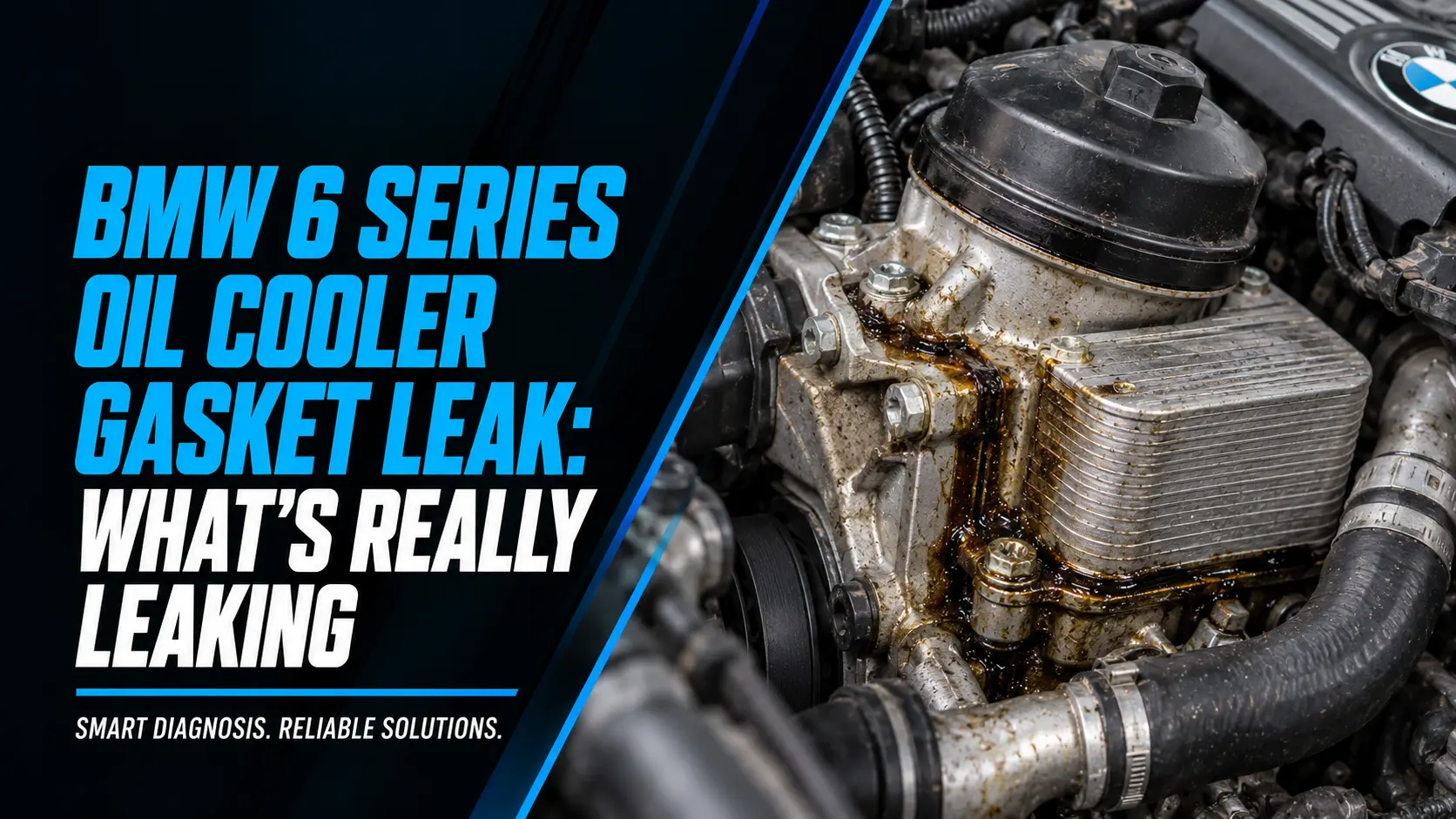 Motronix banner reading BMW 6 Series Oil Cooler Gasket Leak: What's Really Leaking, beside a close-up of a BMW oil filter housing and its integrated oil cooler, the aluminum casting and its mounting bolts coated in dark brown weeping oil below the black filter cap.