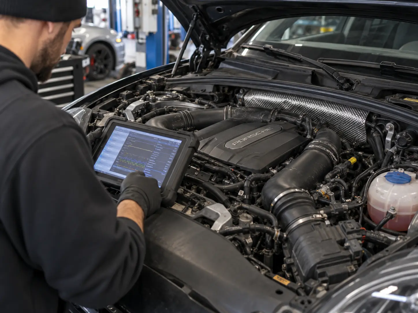 A technician holding a diagnostic tablet showing live data over the open engine bay of a Porsche in a repair shop.