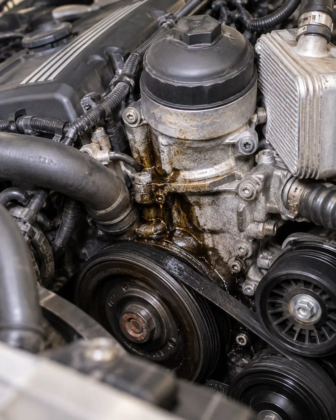 Close-up of a BMW oil filter housing and finned oil cooler with dark brown oil weeping from the housing seam, tracking down the front of the engine and onto the crank pulley and serpentine belt below.