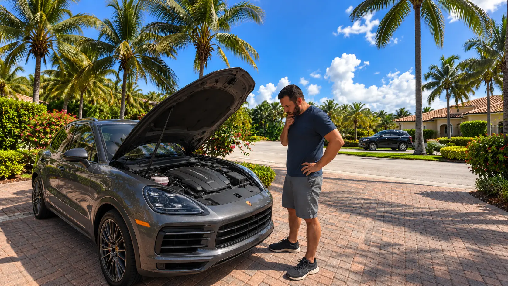A Porsche Cayenne owner standing in a sunny, palm-lined South Florida driveway with the hood raised, looking at the engine bay.