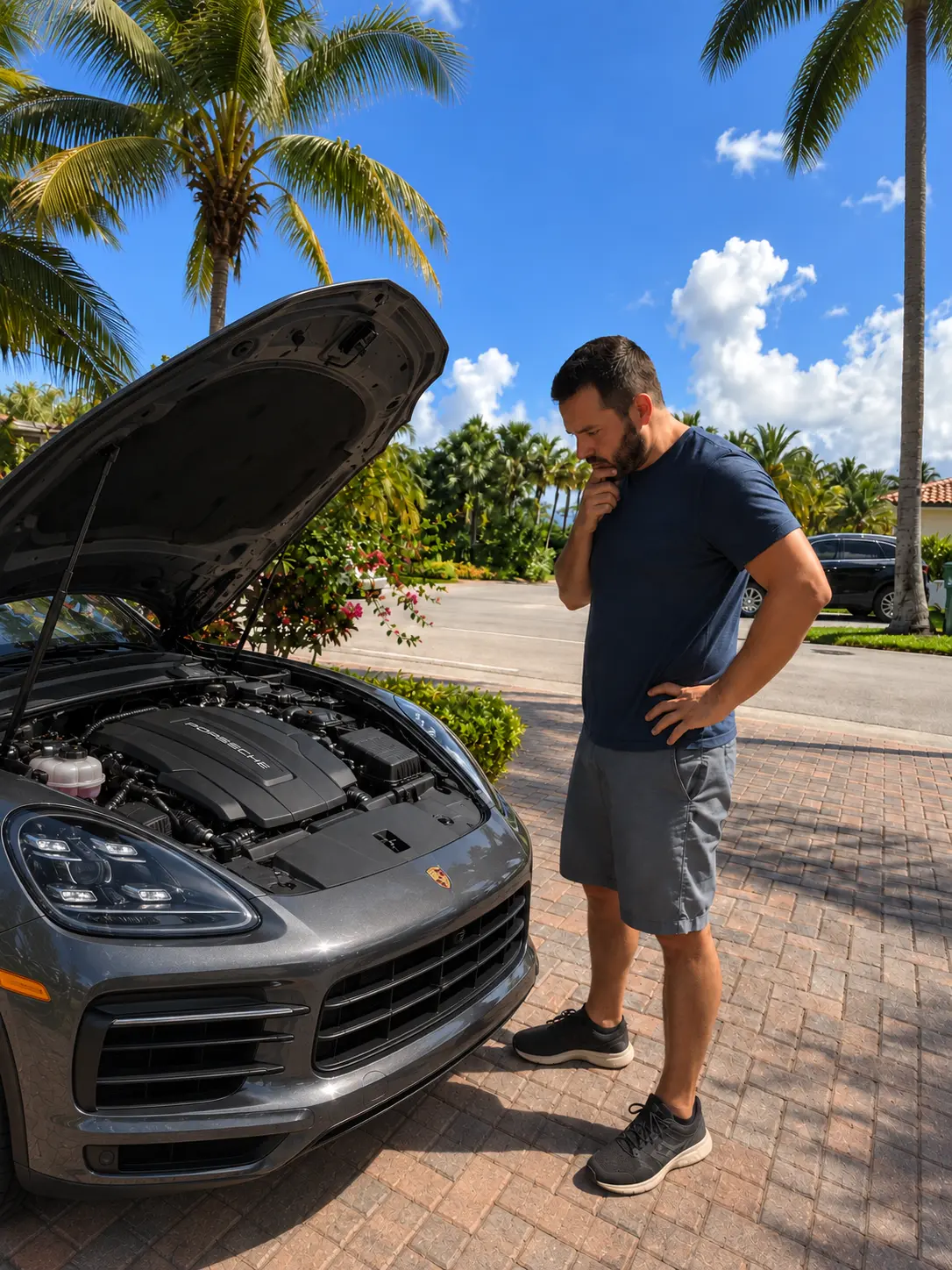 A Porsche Cayenne owner standing in a sunny South Florida paver driveway with palm trees behind him, hand on his chin, looking into the open engine bay of his gray Cayenne.