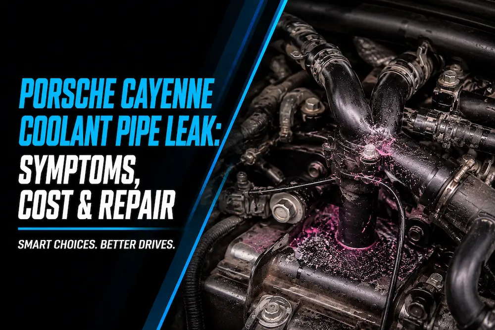 Porsche Cayenne and Macan V6 turbo engine bay highlighting the coolant transfer pipe routing between the cylinder banks, where plastic-to-aluminum joints sit buried under the intake manifold