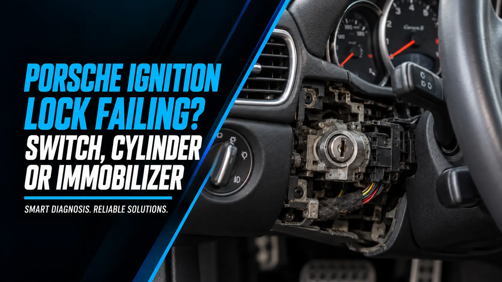 Motronix banner reading Porsche Ignition Lock Failing? Switch, Cylinder or Immobilizer, beside a Porsche ignition key in the dash-mounted ignition to the left of the steering wheel.