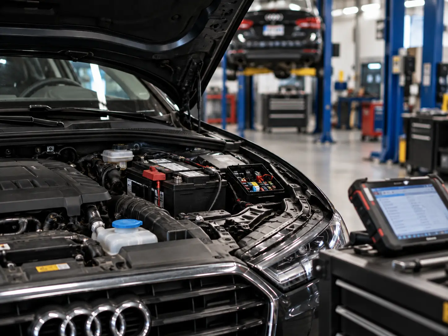 An Audi in a modern service bay with the hood open, a battery tester clipped to the battery and a diagnostic scan tool on a cart beside the engine
