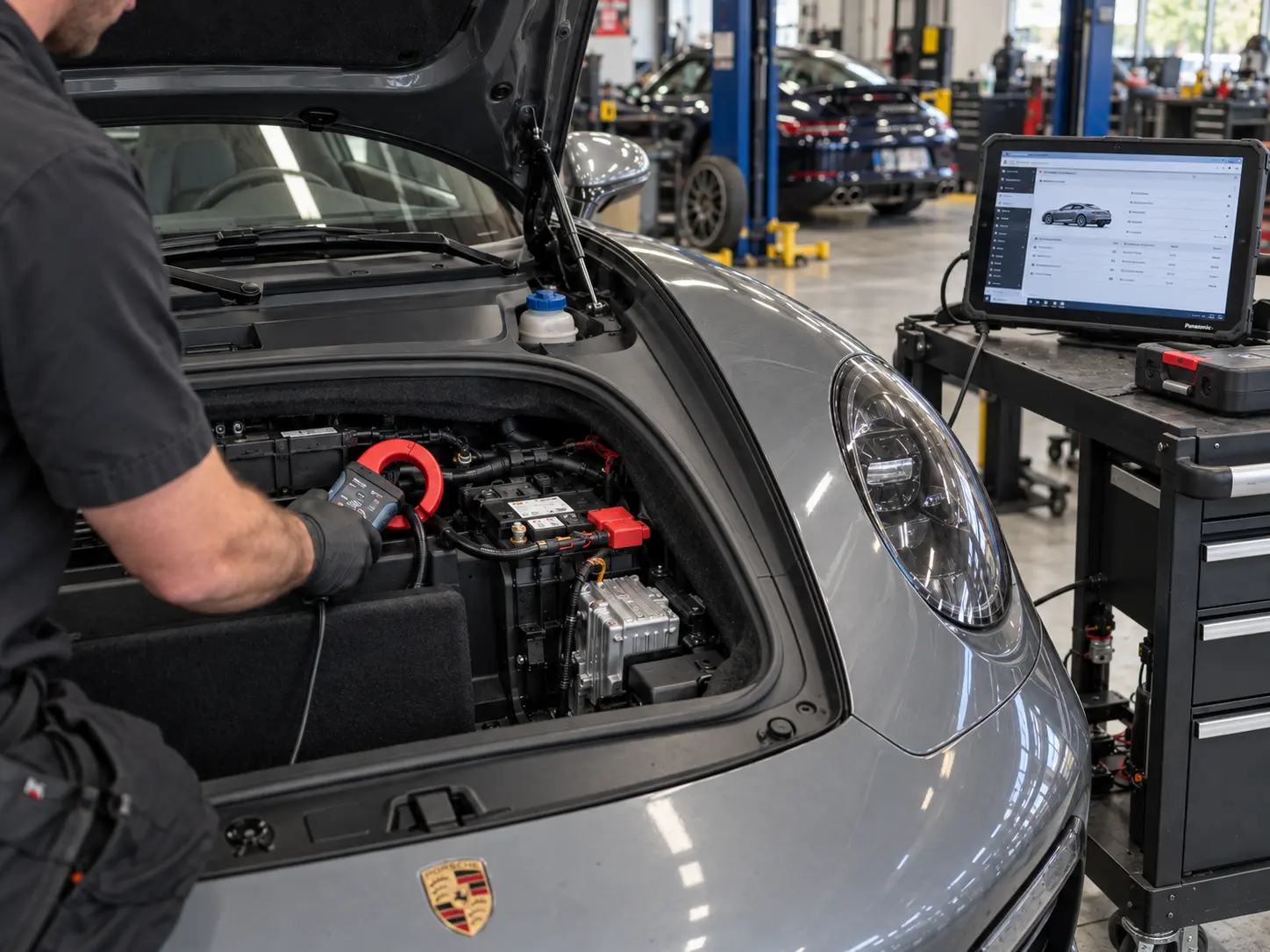 A technician measuring current draw with a clamp meter on the battery cable in the front luggage compartment of a Porsche 911, with a diagnostic tablet on a cart beside the car.