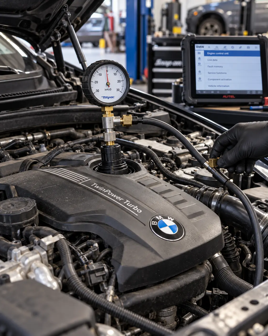 A Motronix technician measuring crankcase pressure on a BMW TwinPower Turbo engine, with a vacuum/pressure gauge on an adapter fitted to the oil-fill neck and a diagnostic tablet on a tool cart showing the BMW engine control unit menu