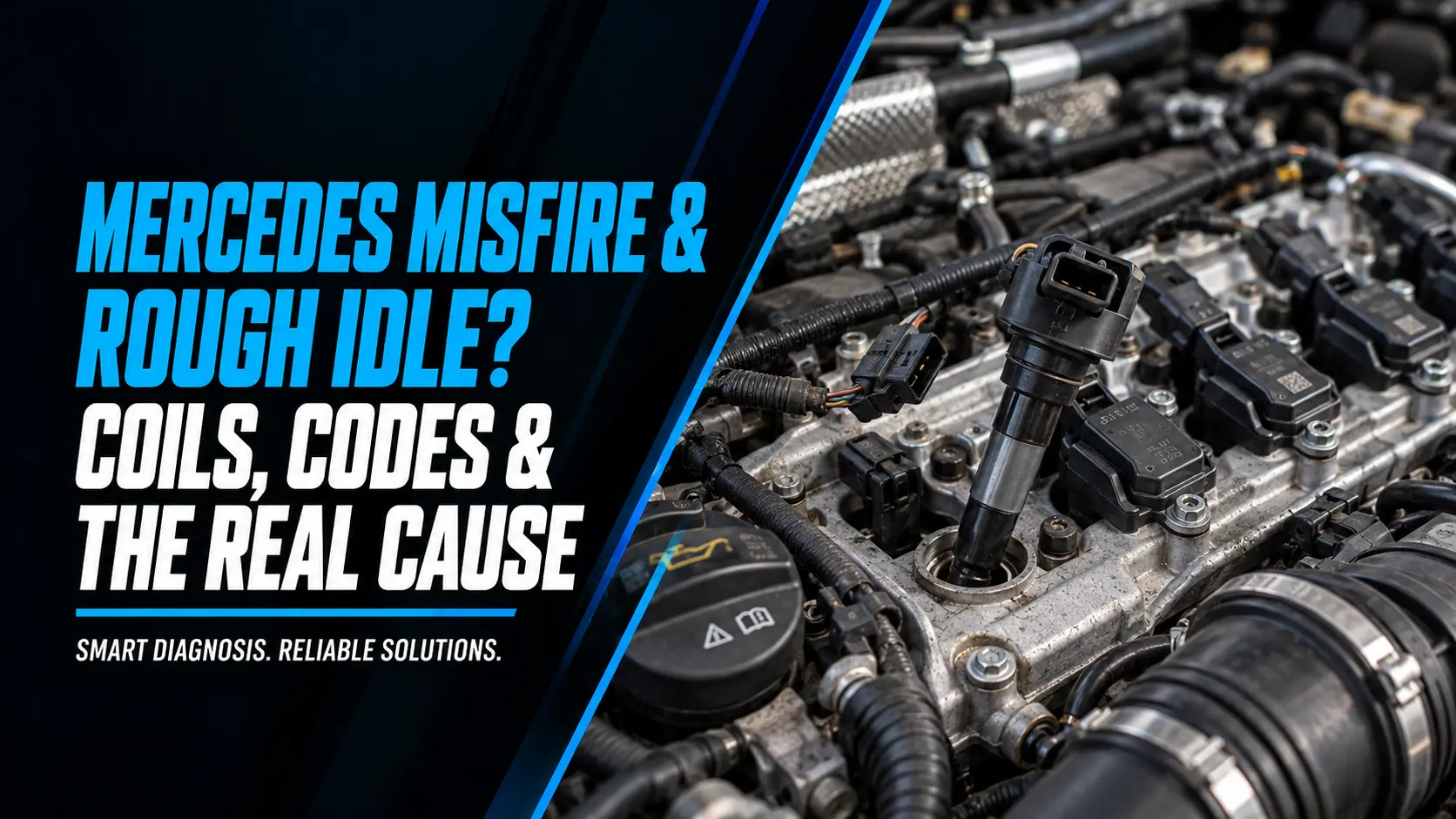 A Motronix technician inspecting the engine bay of a Mercedes-Benz with the hood up in the service bay, title banner reading 'Mercedes Misfire & Rough Idle: Coils, Codes & the Real Cause' — Motronix, Fort Lauderdale area