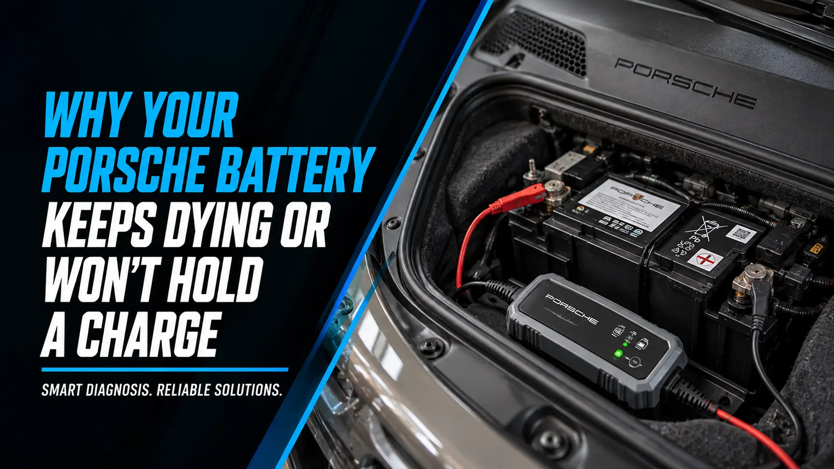 A silver Porsche 911 parked in a South Florida driveway at early morning light with the front lid open and a battery maintainer plugged in beside it, with a title banner reading "Why Your Porsche's Battery Keeps Dying (and Won't Hold a Charge) — Smart Diagnosis. Reliable Solutions."