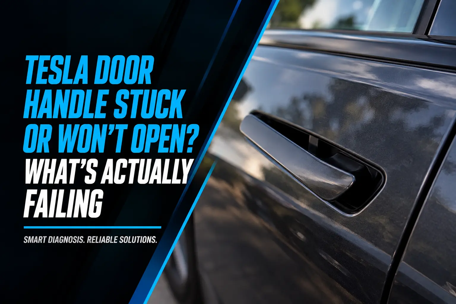 Close-up of a dark-gray Tesla Model 3 flush door handle pivoted out to the open position, trees reflected in the paint, beside a title banner reading 'Tesla Door Handle Stuck or Won't Open? What's Actually Failing — Smart Diagnosis. Reliable Solutions.'