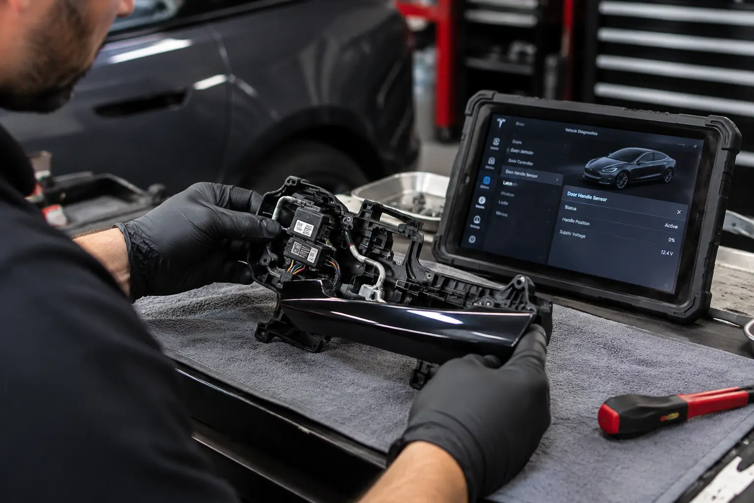 A technician at a workshop bench holding a Tesla Model 3 door-handle assembly removed from the door, its sensor wiring exposed, with a diagnostic tablet showing door-handle sensor data beside it.